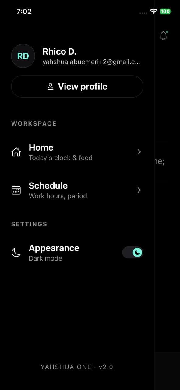 Yahshua One mobile menu showing the View profile button