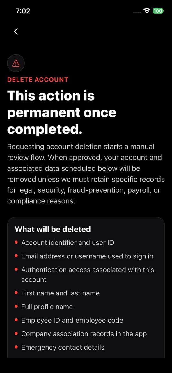 Delete account review screen listing data associated with the account