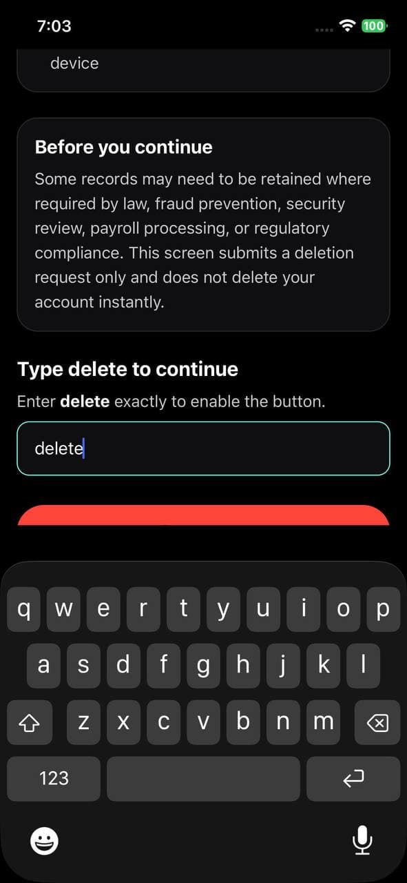 Delete account confirmation field with delete entered