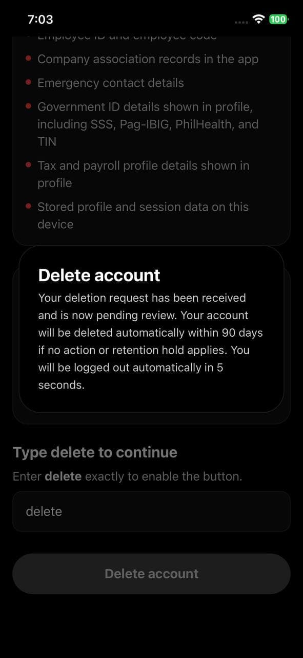 Confirmation message showing the deletion request is pending review